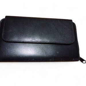 Hato Hasi Black Leather Wallet with Lots of Compartments Vintage 7" x 4"